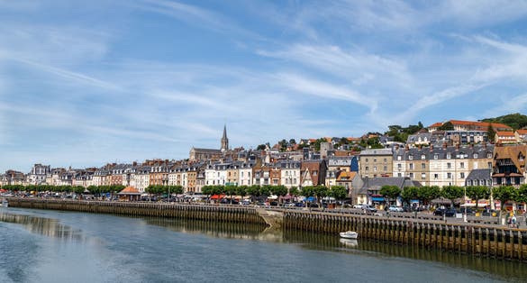 photo of view of City skyline of Trouville, panoramic view over the Touques river from Deauville, Normandy, France..