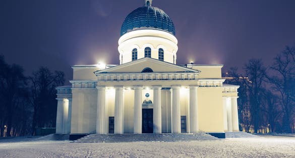 Nativity main central cathedral with snow at night in chisinau, moldova.