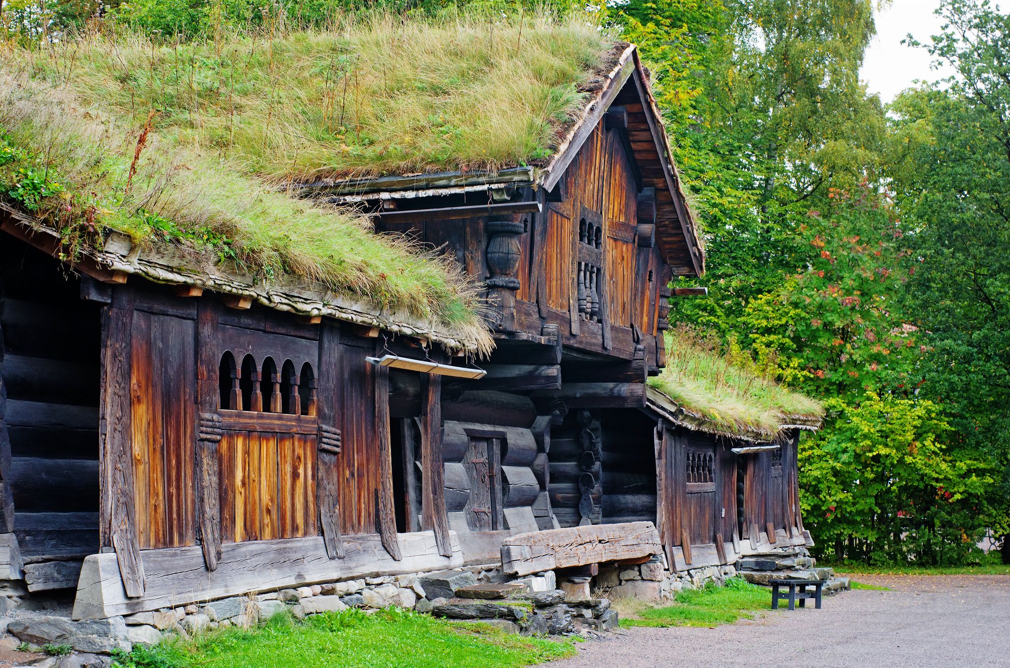 Traditional Norwegian House with grass roof. The Norwegian Museum of Cultural History, Oslo.