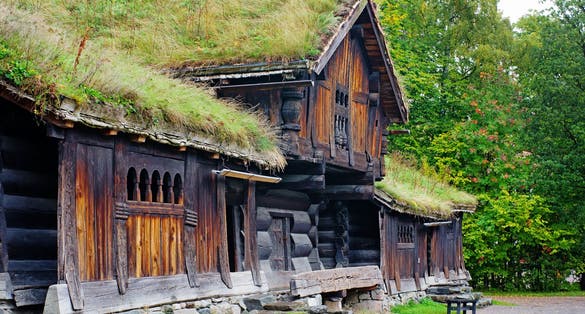 Traditional Norwegian House with grass roof. The Norwegian Museum of Cultural History, Oslo.