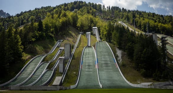 Planica, Slovenia - Planica Ski Jumping hills in the summer, the Planica Nordic Sport Center, Julian Alps, Slovenia.