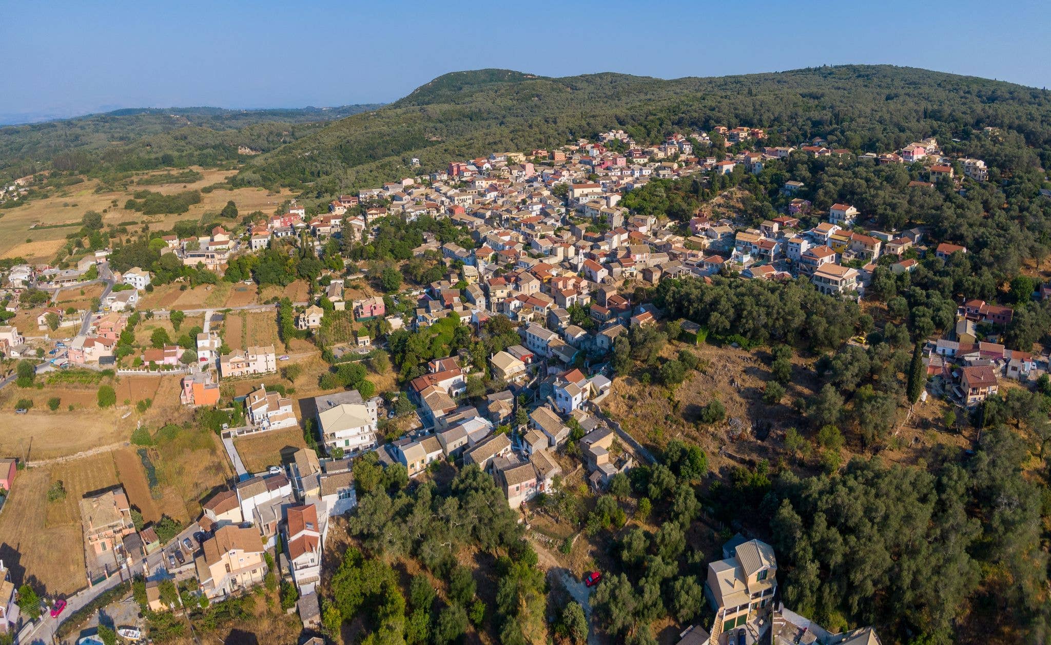 Panoramic aerial view of Liapades village in corfu island greece