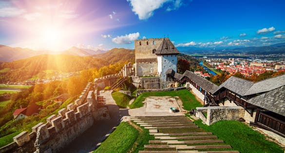 Medieval old castle in Celje city, Slovenia. Travel outdoor touristic background