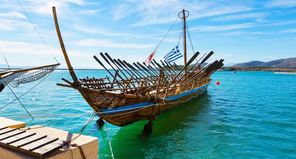 Argo legendary ship copy in port Volos, Greece. Greek mythology Argonauts sailed Argo to retrieve the Golden Fleece