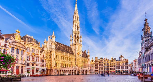 Photo of beautiful Grand Place surrounded by guild halls in Brussels, Belgium.