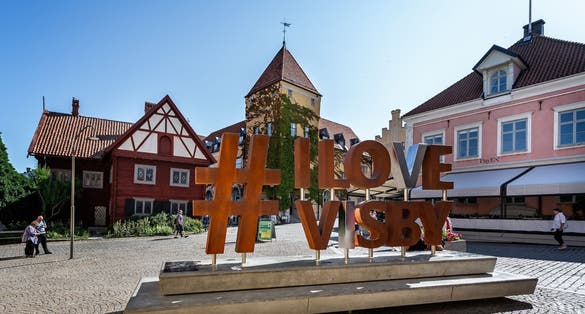 I Love Visby sign in Donners Square in Visby, Gotland, Sweden.