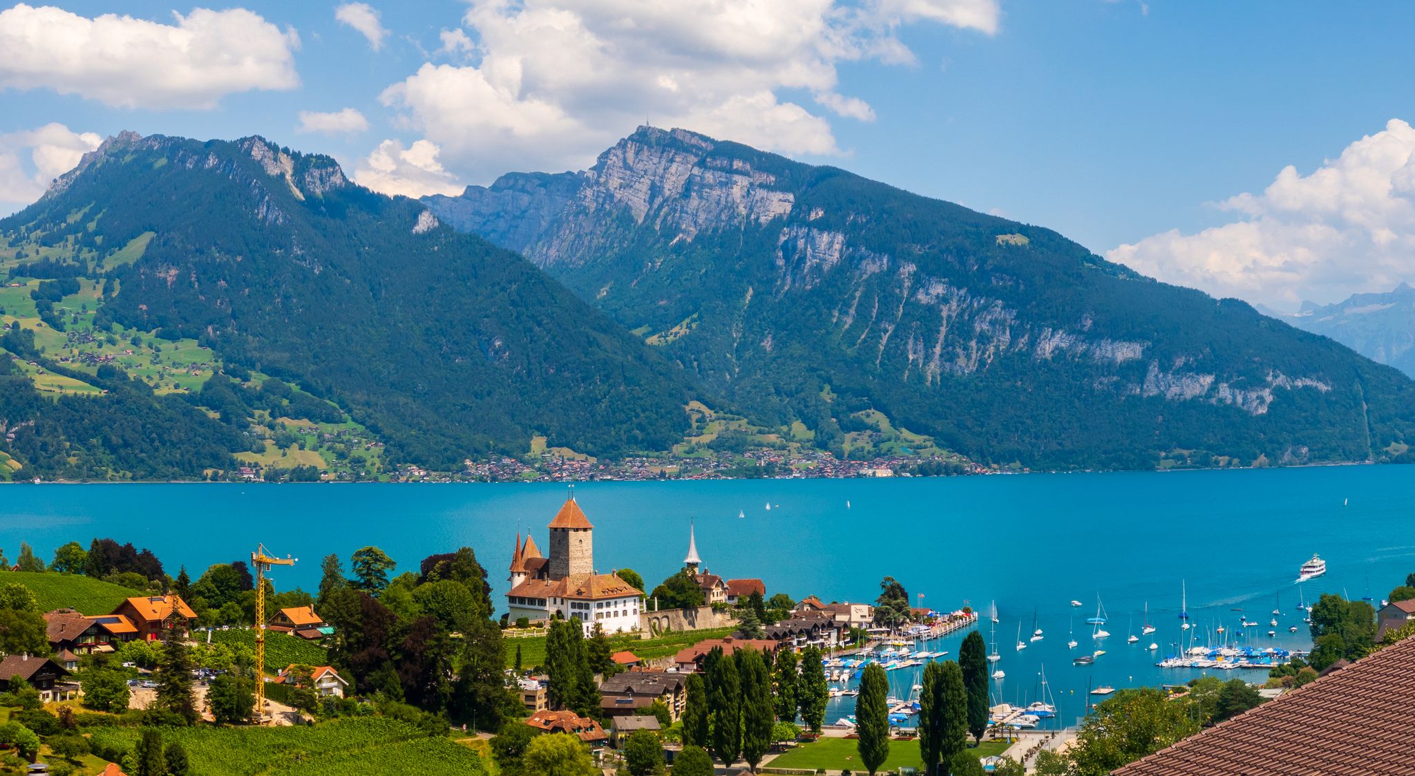 Panorama view of Montreux city with Swiss Alps, lake Geneva and vineyard on Lavaux region, Canton Vaud, Switzerland, Europe.