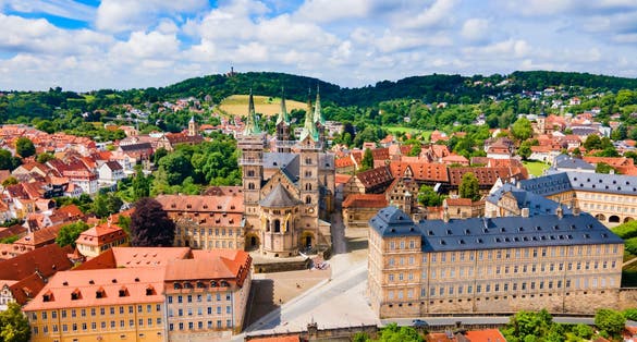 Bamberg old town aerial panoramic view. Bamberg is a town on the river Regnitz in Upper Franconia, Bavaria in Germany.