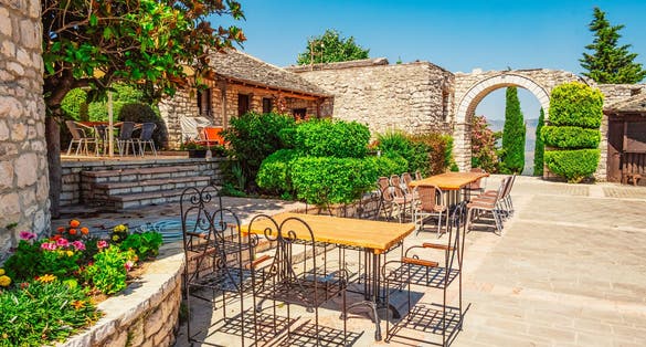 photo of the Lekuresi Castle Restaurant on top of a mountain near Saranda, South Albania. Albania beach riviera.