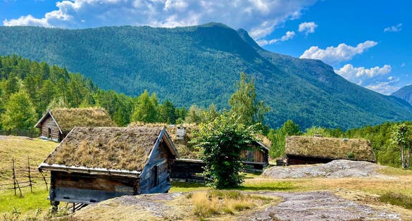 photo of view of Old houses in Kaupanger in Sogndal, Norway.