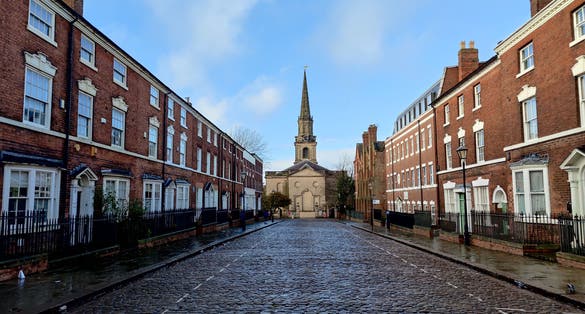 Photo of George Street in Wolverhampton with St. John's church in the background, England.