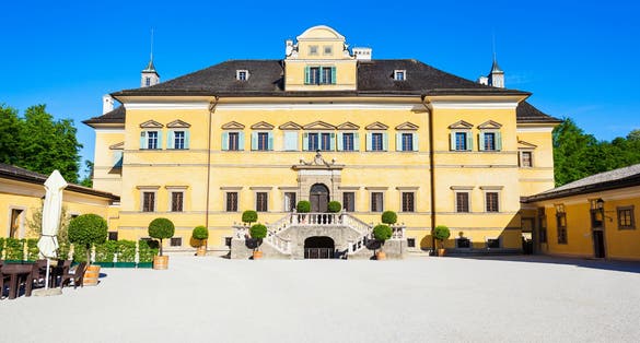 Photo of Hellbrunn Palace or Schloss Hellbrunn in Salzburg, Austria. Hellbrunn Palace is an early Baroque villa of palatial size in a southern district of the Salzburg city.