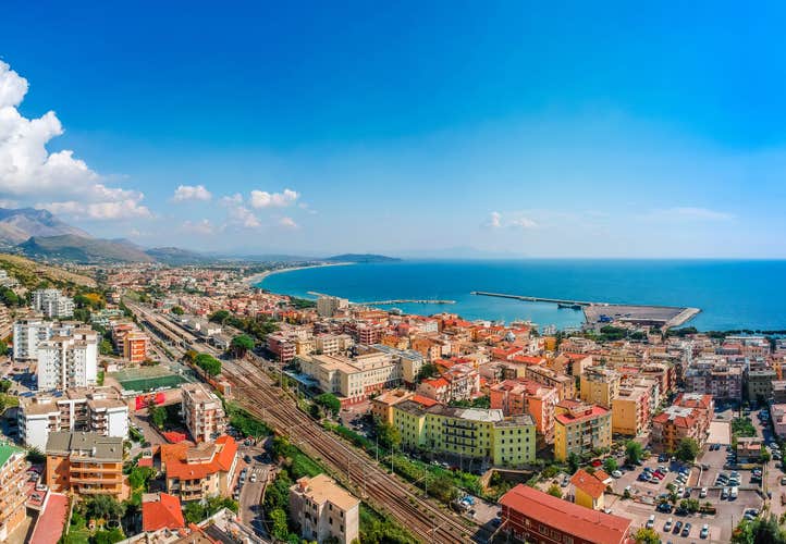 Panoramic sea landscape with Formia, Lazio, Italy. Scenic resort town village with nice sand beach and clear blue water. Famous tourist destination in Riviera de Ulisse