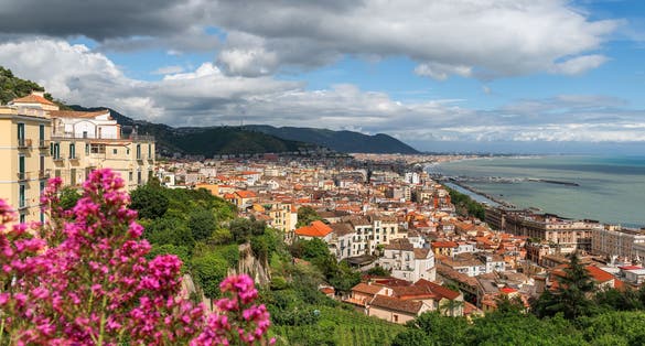 photo of view of Aerial view of the Italian city of Salerno. Salerno is a city and port on the Tyrrhenian Sea in southern Italy, the administrative center of the Salerno province of the Campania region.