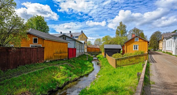 Small Raumanjoki river in Old Town in Rauma, one of the oldest harbours in Finland, situated on the Gulf of Botnia.
