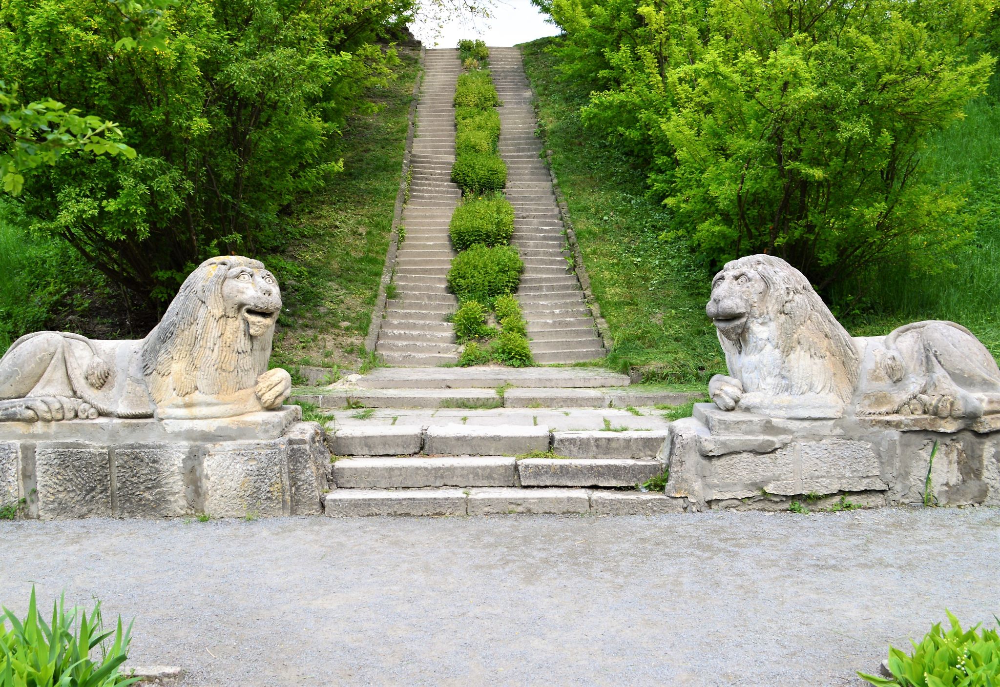 Photo of two stone lions guard the entrance.