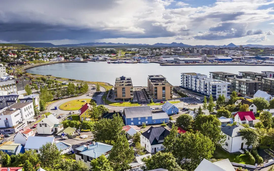 Photo of aerial view of Hafnarfjörður, Iceland.