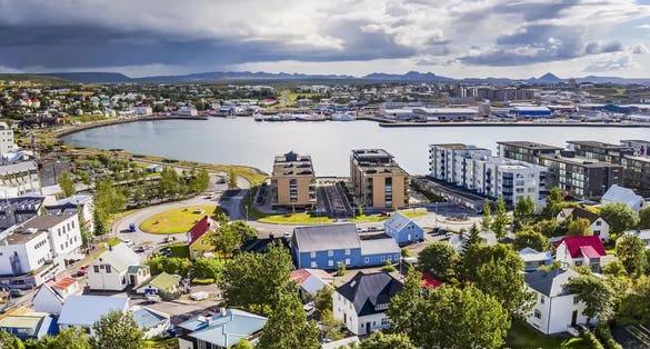 Photo of aerial view of Hafnarfjörður, Iceland.