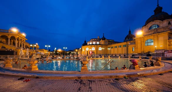 Photo of Szechenyi thermal bath at night, Budapest, Hungary.