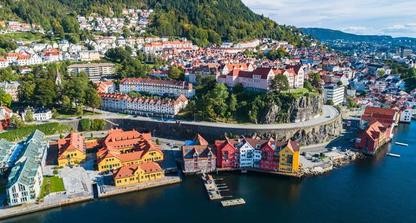 Bergen old town aerial view. Bergen, Norway.