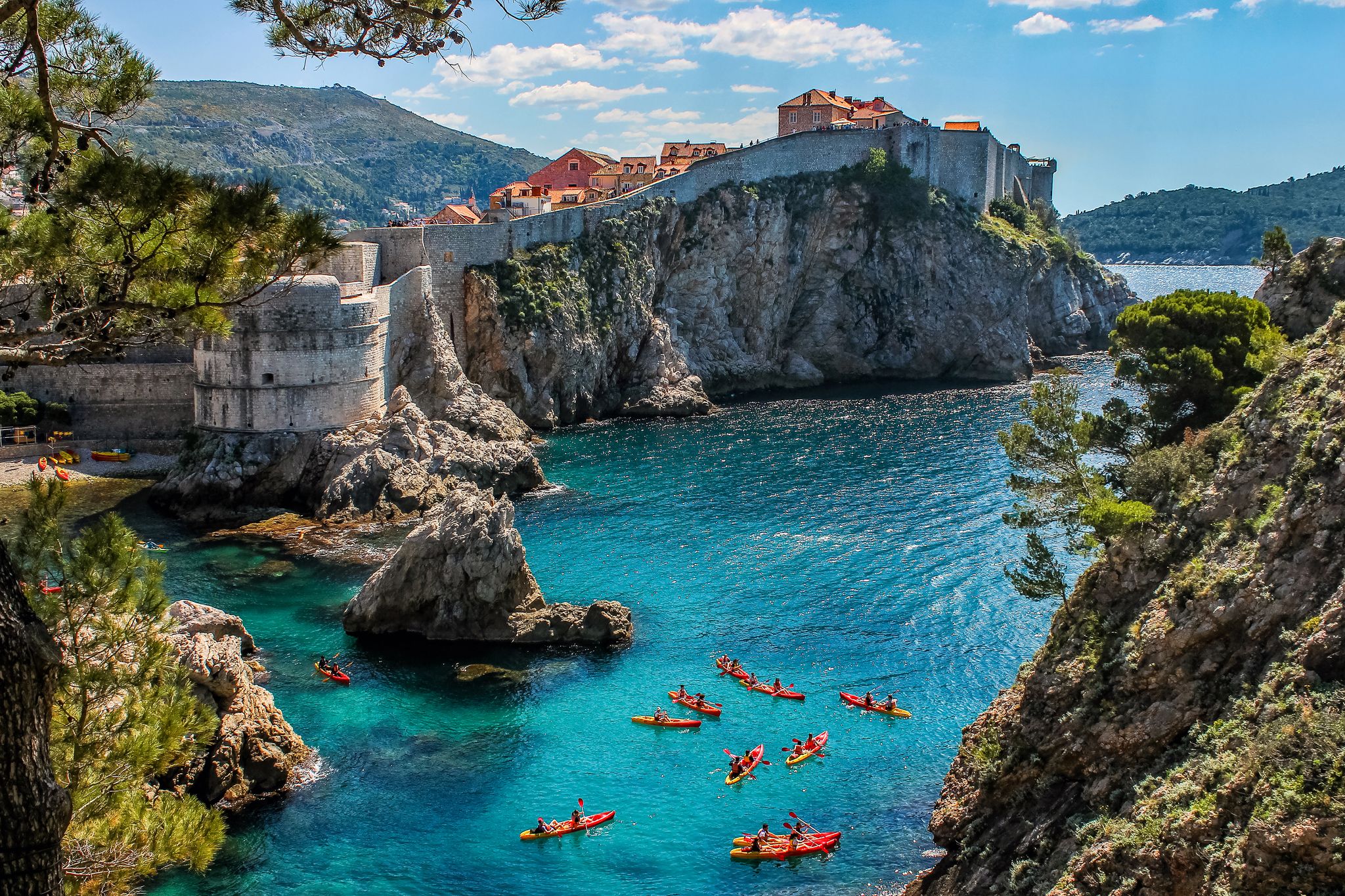 Photo of the general view of Dubrovnik, Fortresses Lovrijenac and Bokar seen from south old walls, Croatia.