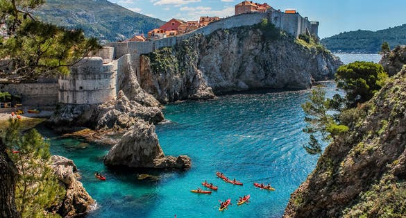 Photo of the general view of Dubrovnik, Fortresses Lovrijenac and Bokar seen from south old walls, Croatia.
