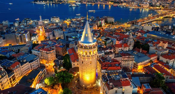 Galata tower at night in Istanbul, Turkey.