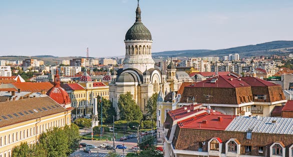 Panorama of Cluj Napoca with The Dormition of the Theotokos Cathedral, Transylvania, Romania.
