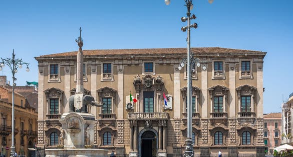 Catania town main square center (Piazza del Duomo) with the Elephant statue the symbol of the city in Sicily, Italy