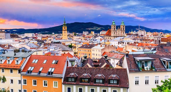 Photo of scenic aerial view of Linz, Austria.