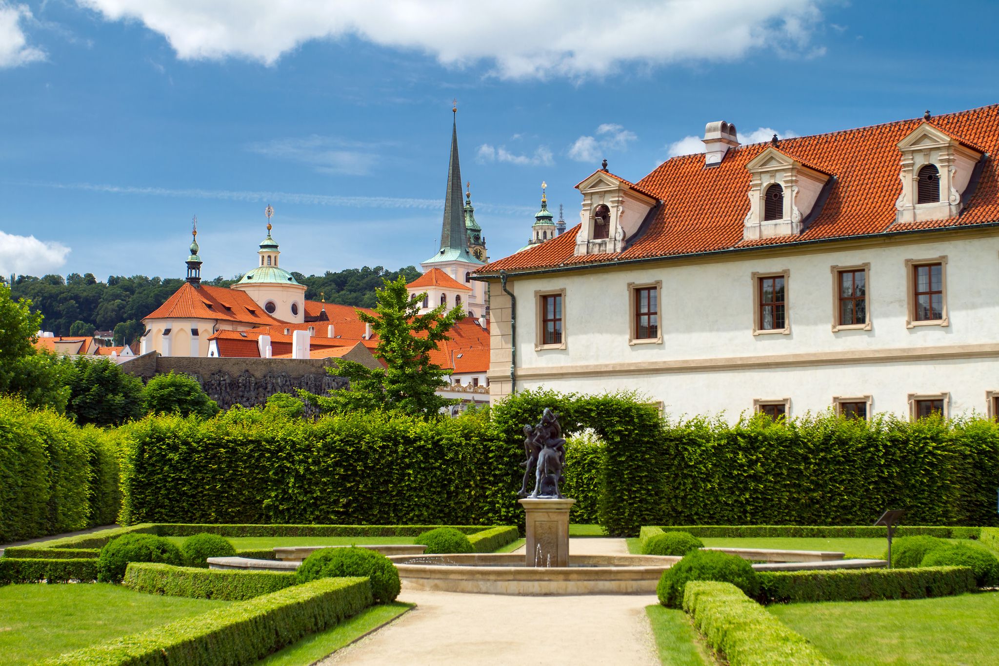 Photo of Waldstein palace garden (Valdstejnska Zahrada) and building of the Senate of Czech Republic in Prague.