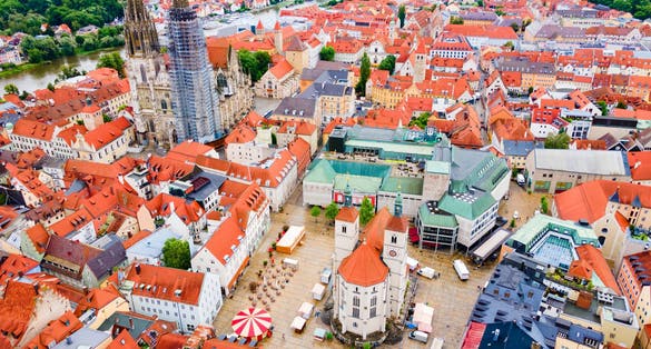 Regensburg aerial panoramic view. Regensburg is a city at Danube river in Bavaria, Germany