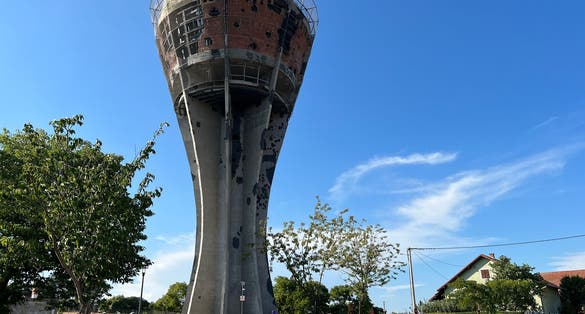 Photo of Vukovar water tower memorial monument, a symbol of Croatian unity, Croatia.