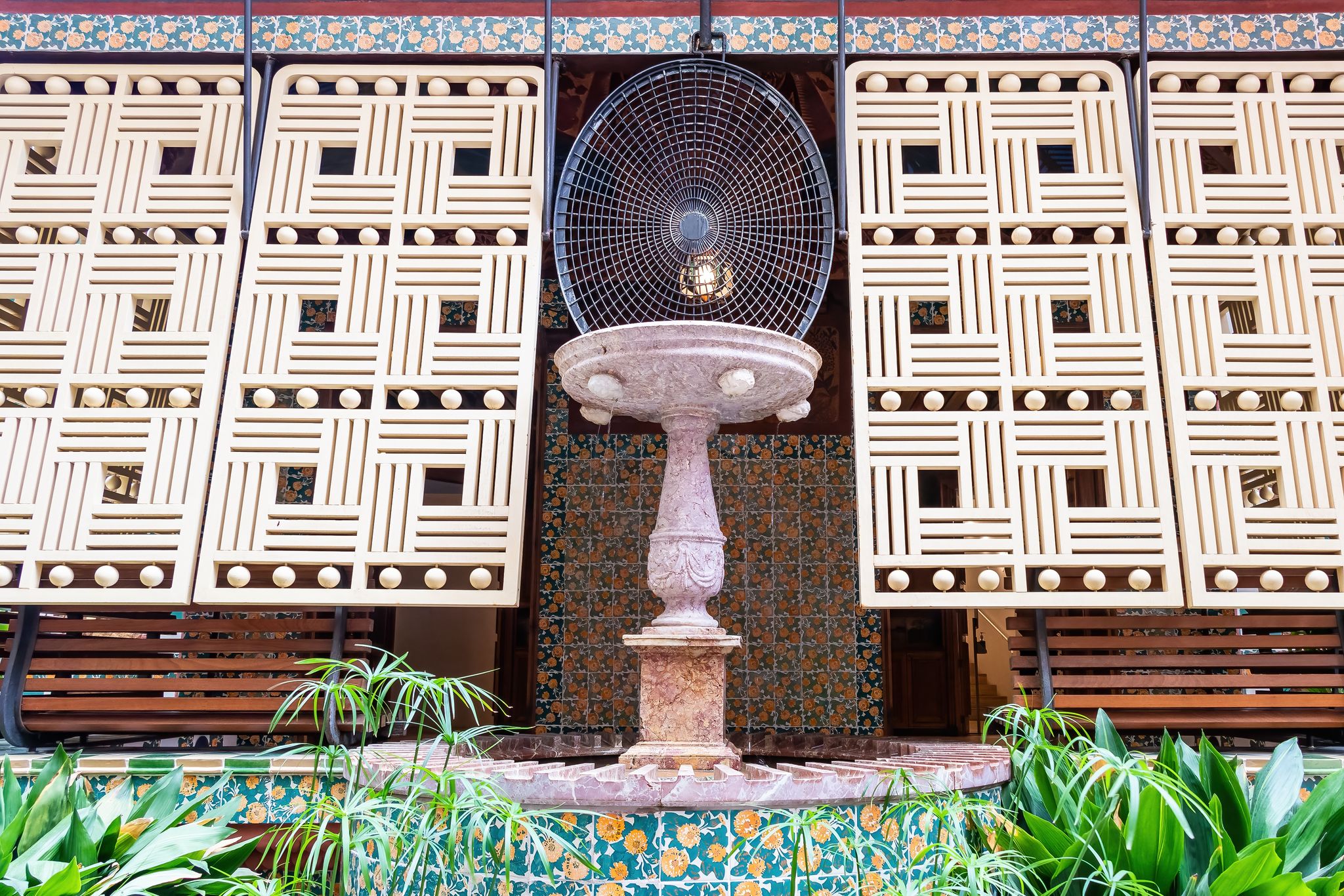 Photo of Terrace on the facade of Casa Vicens in Barcelona. Casa Vicens in Barcelona is the first masterpiece of Antoni Gaudí. Built between 1883 and 1885 as a summer house for the Vicens family.