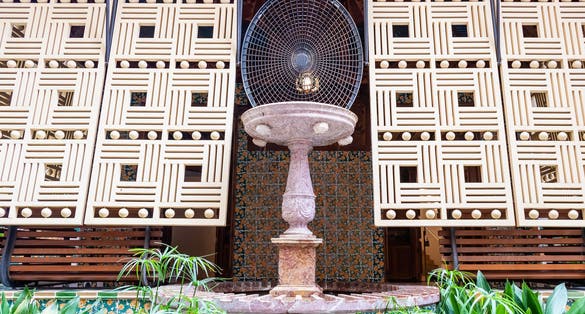 Photo of Terrace on the facade of Casa Vicens in Barcelona. Casa Vicens in Barcelona is the first masterpiece of Antoni Gaudí. Built between 1883 and 1885 as a summer house for the Vicens family.