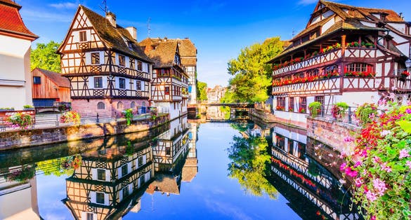 Photo of traditional half timbered houses, Strasbourg, Alsace, France. 