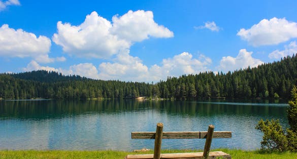 Photo of attractive morning view of Black Lake ( Crno Jezero ). Beautiful summer scene of Durmitor Nacionalni Park, Zabljak location, Montenegro.