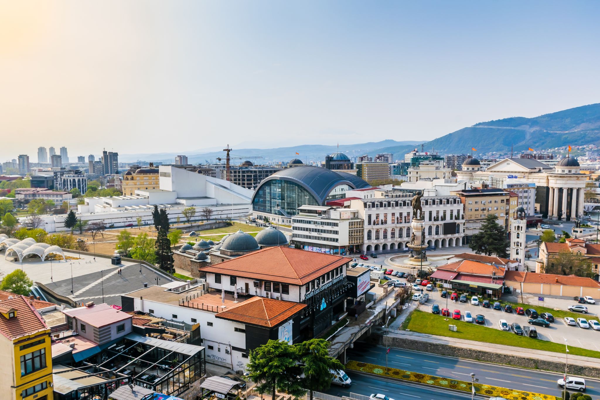 Panoramic view of Skopje town with Vodno hill in the background.