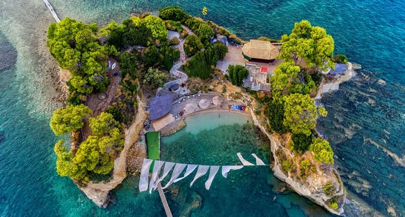 photo of view of Aerial view Agios Sostis with bidge, small island in Zakynthos, Greece,Laganas greece.