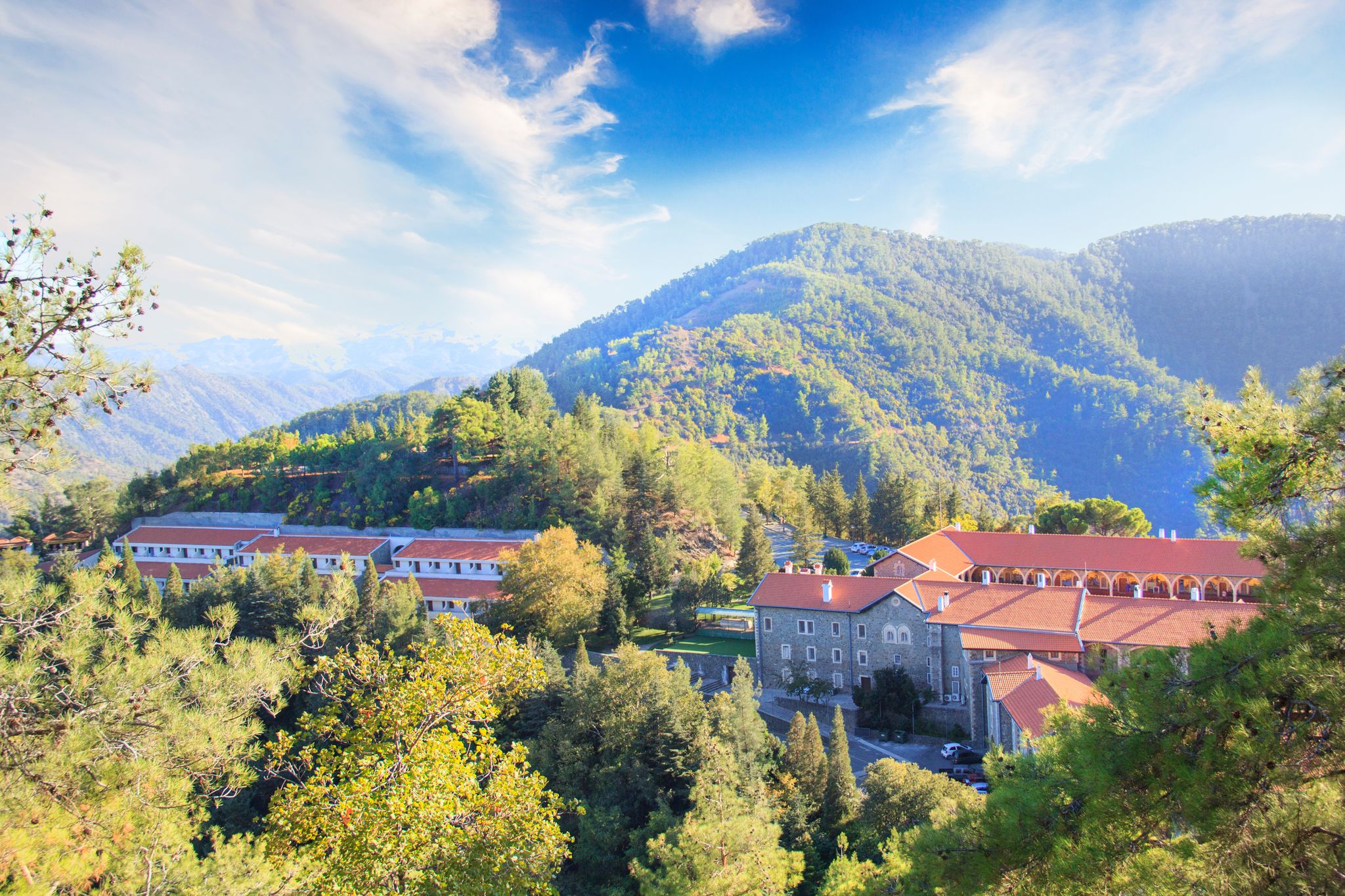 Photo of beautiful view of the Trooditissa monastery in the Cedar Valley Nature Reserve in Cyprus.