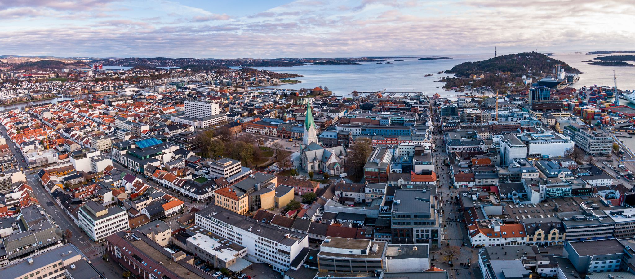 aerial view on the buildings of Kristiansand, Norway at autumn