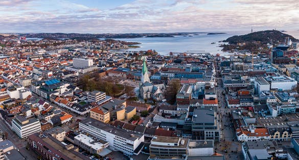 aerial view on the buildings of Kristiansand, Norway at autumn