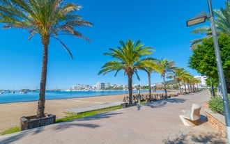 photo of an aerial view of Sant Antoni de Portmany in Ibiza islands, Spain.