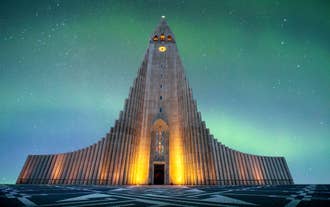 Panoramic view of Reykjavik, the capital city of Iceland, with the view of harbor and mount Esja.