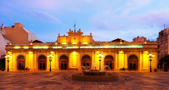 photo of old market in Plaza Mayor at night in Castellon de la Plana, Spain.