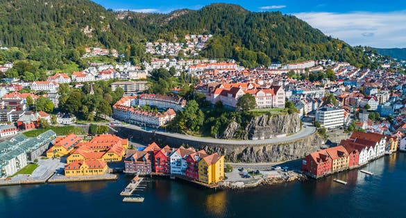 Bergen old town aerial view. Bergen, Norway.