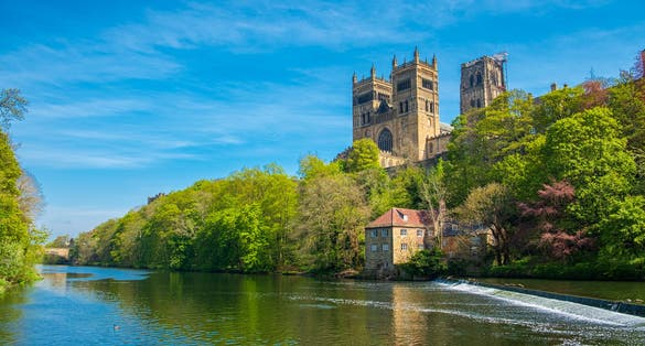 photo of view of Durham Cathedral and River Wear in Spring in Durham, United Kingdom.