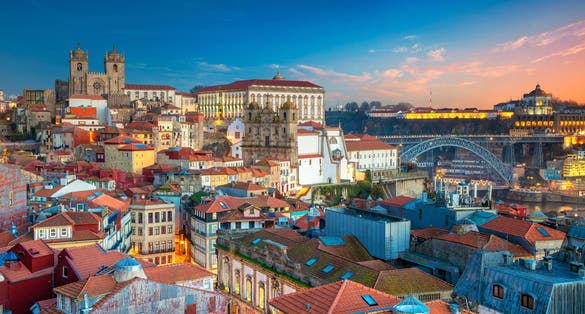 Photo of aerial cityscape image of Porto, Portugal.