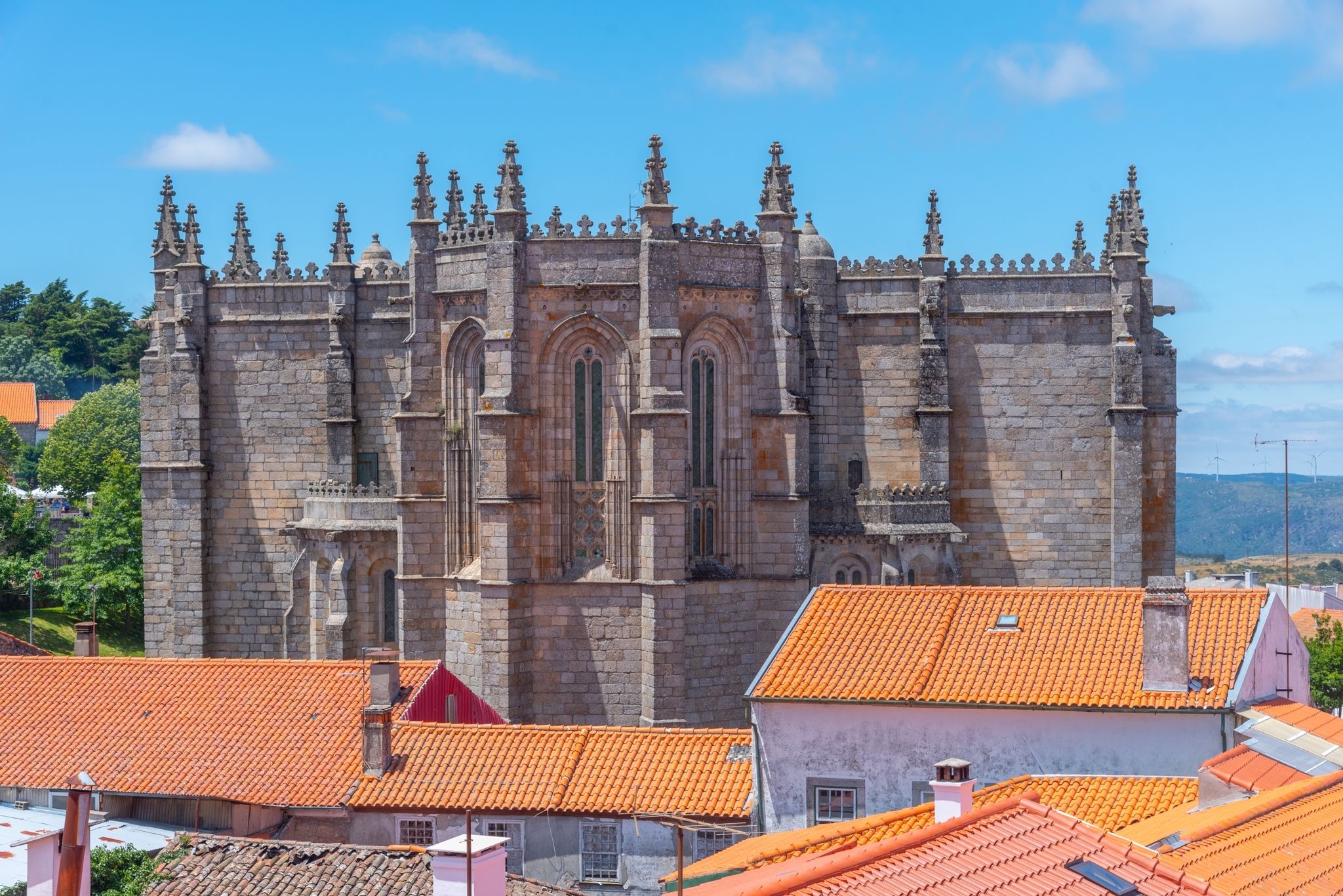 Photo of aerial view of the cathedral in Guarda town in Portugal.