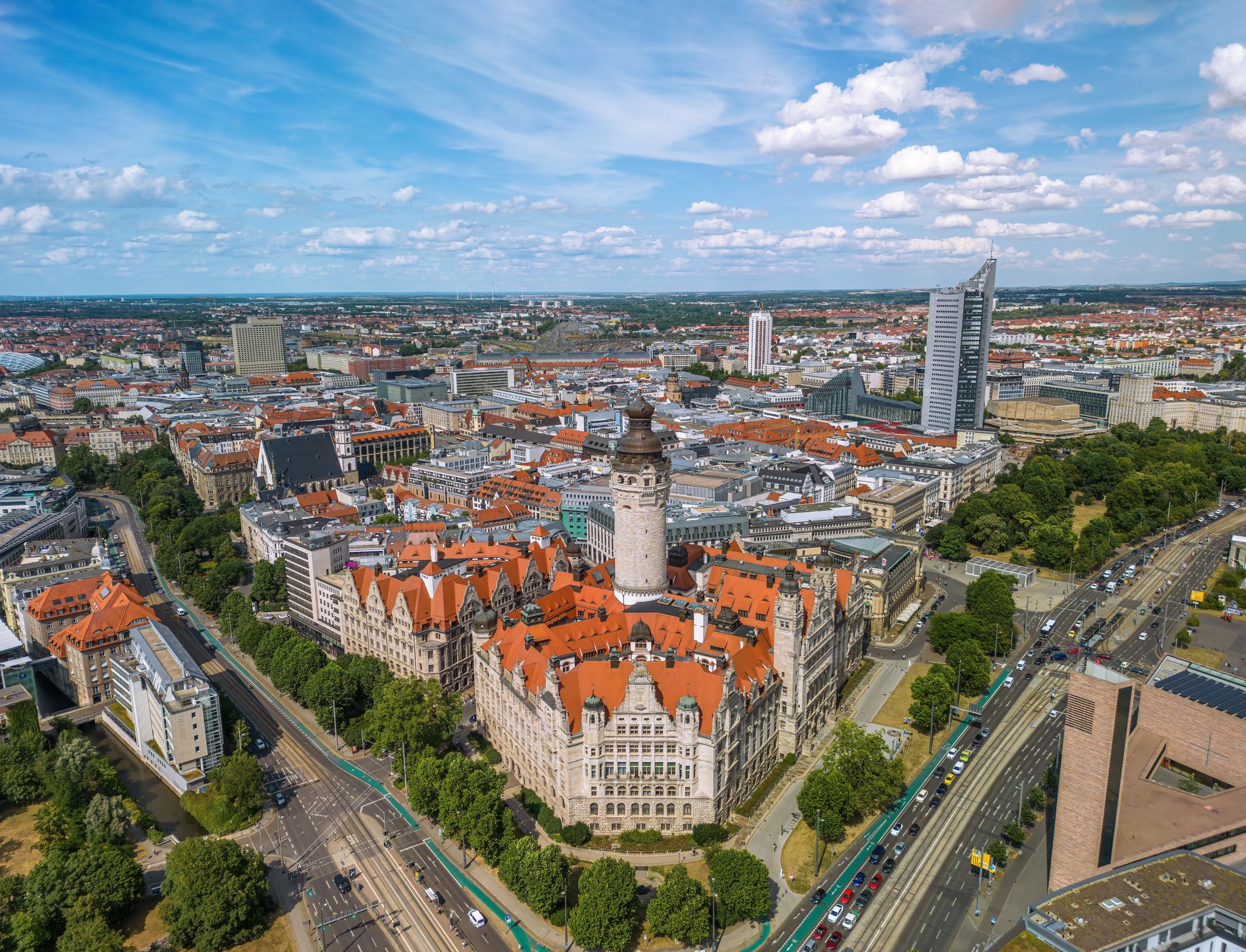 Photo of aerial view of the new town hall and the Johannapark at Leipzig, Germany.